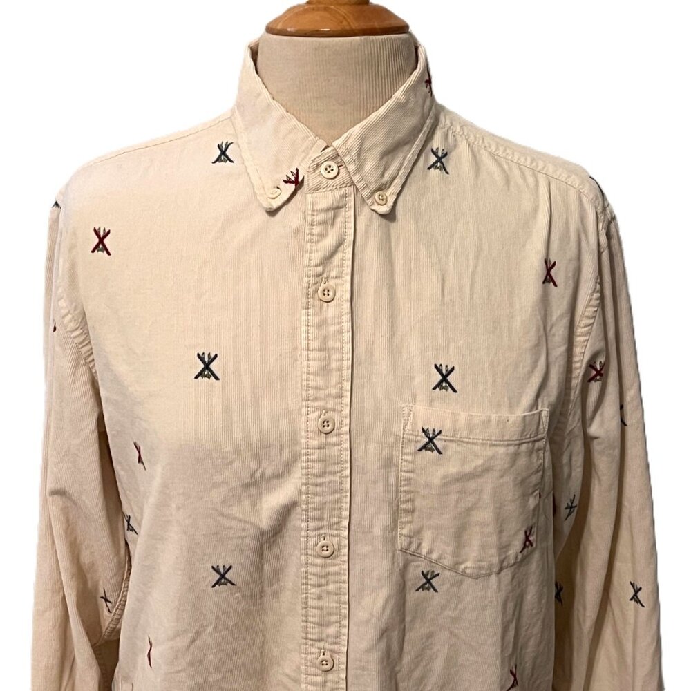 J. Crew Corduroy Vintage Shirt Men Medium Cream Ski Print Button Down Corduroy - Picture 2 of 9